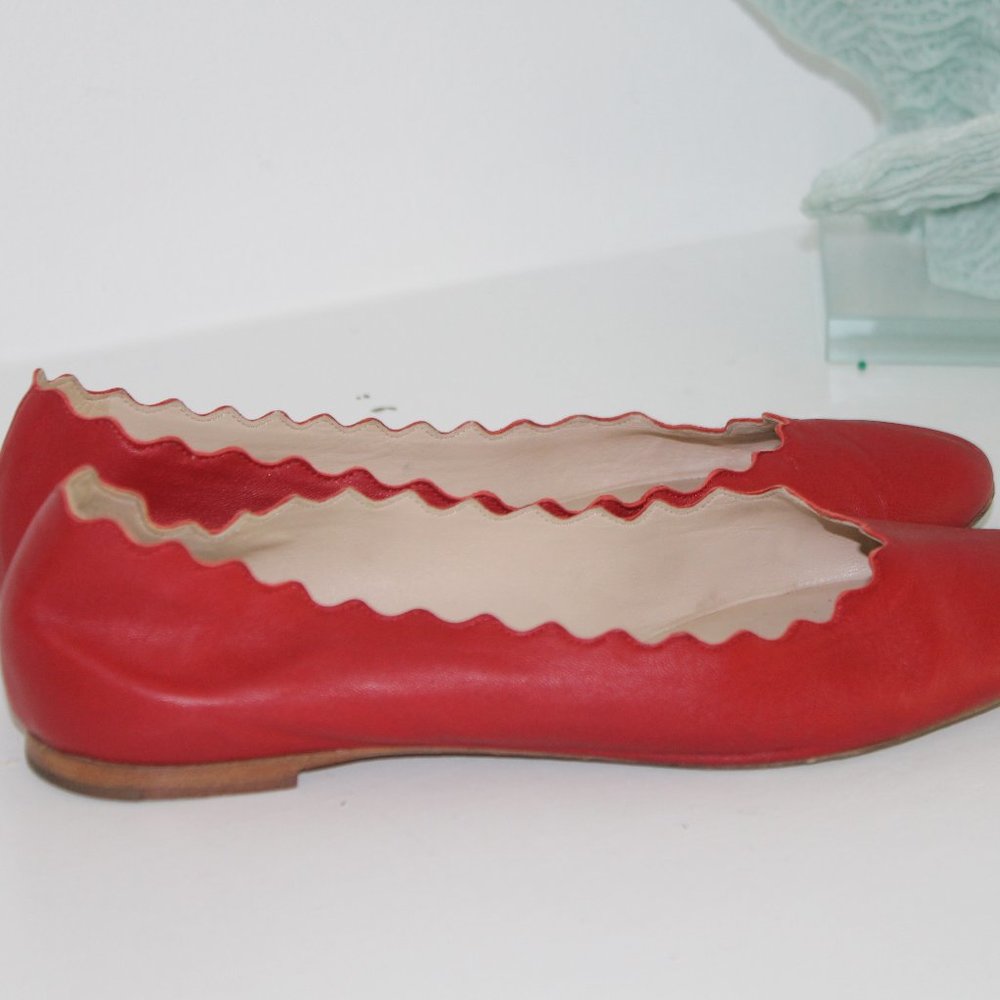 Chloe Lauren Scalloped Leather Ballet Flats, Red Leather Shoes sz 37 7 - Picture 4 of 7
